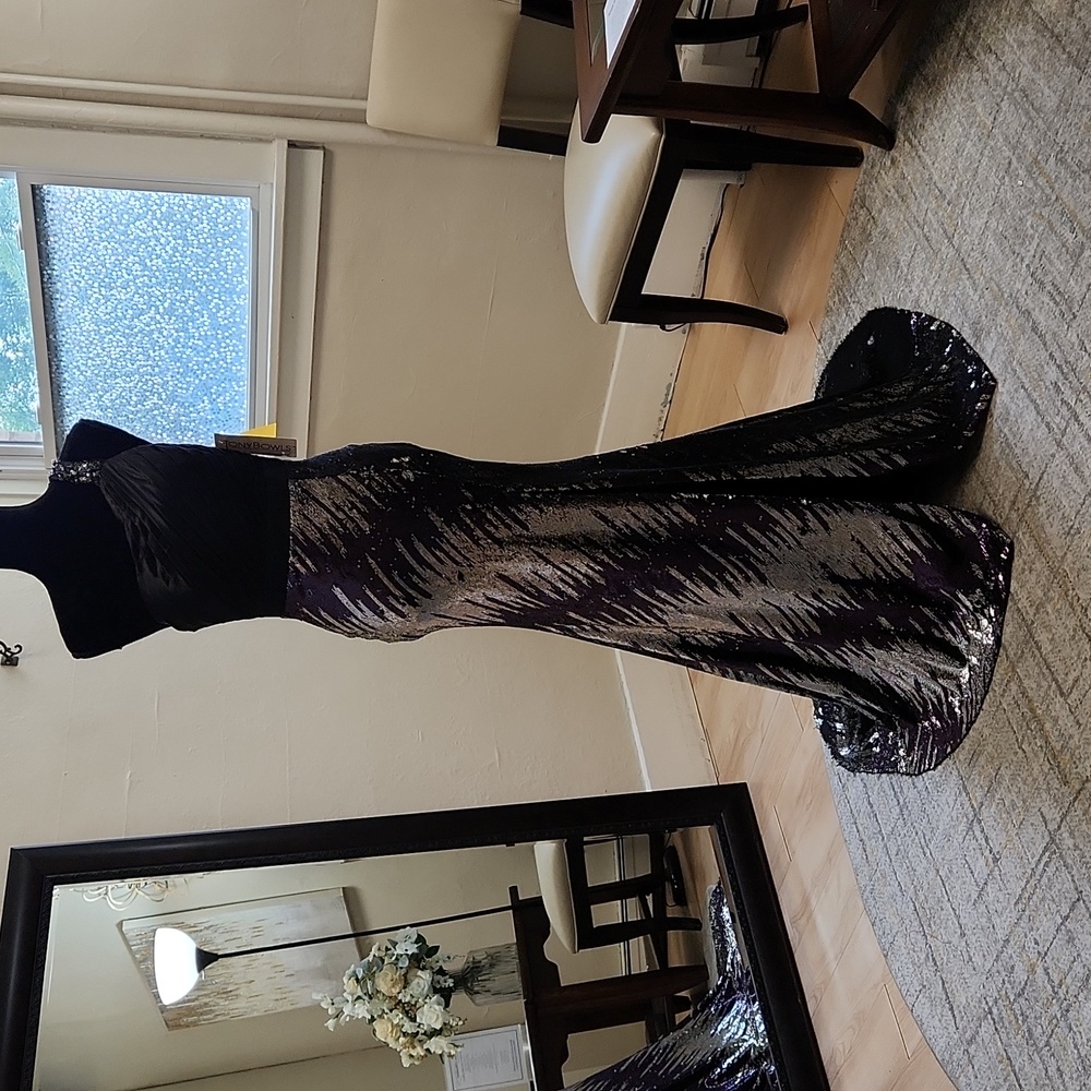 Size 6 black/purple long one shoulder sequin sheath gown NWT by Tony Bowls